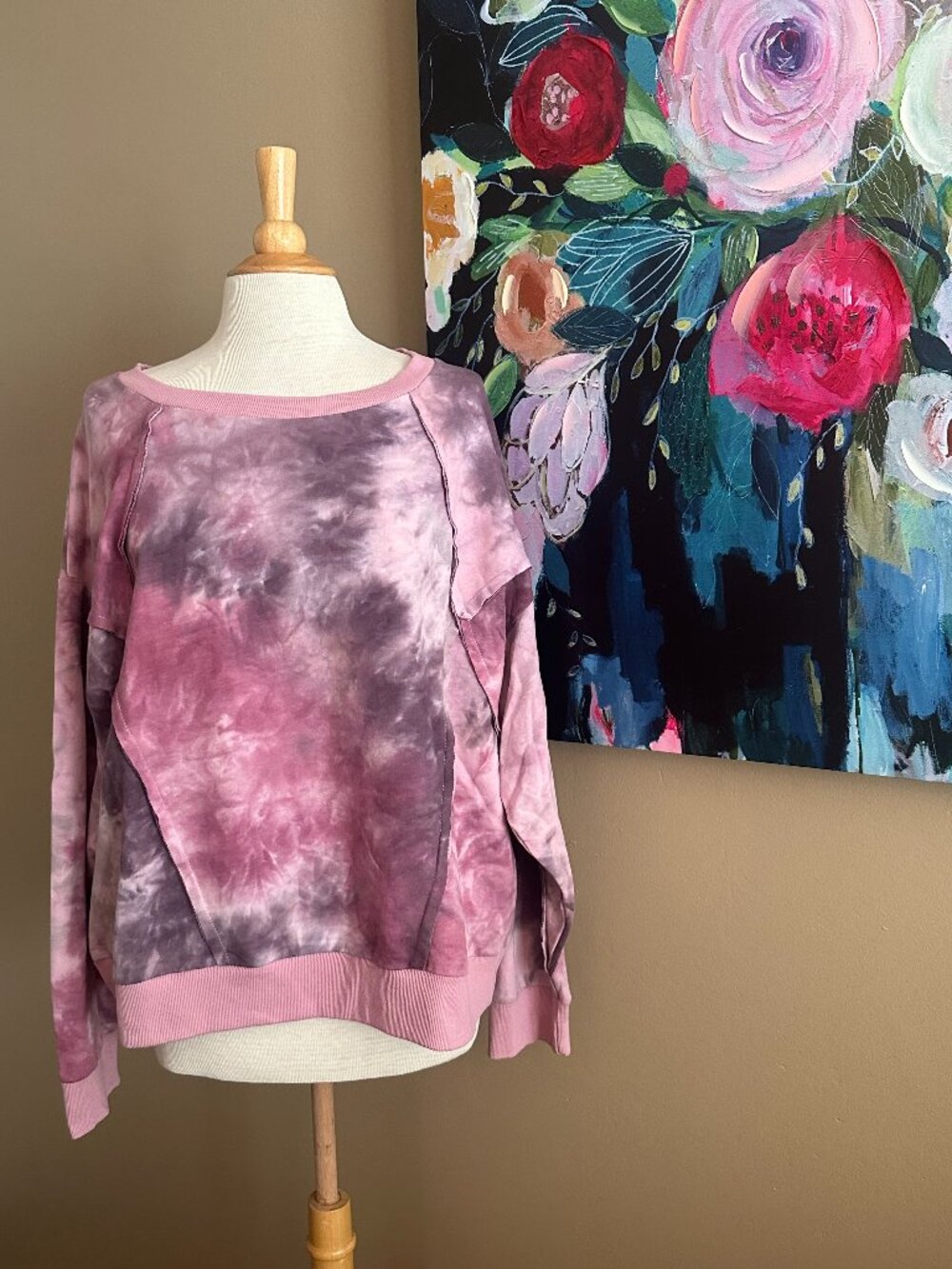 Umgee 1XL NWT Pink Tie Dye Boho Pullover Raw Seam Boutique Sweatshirt